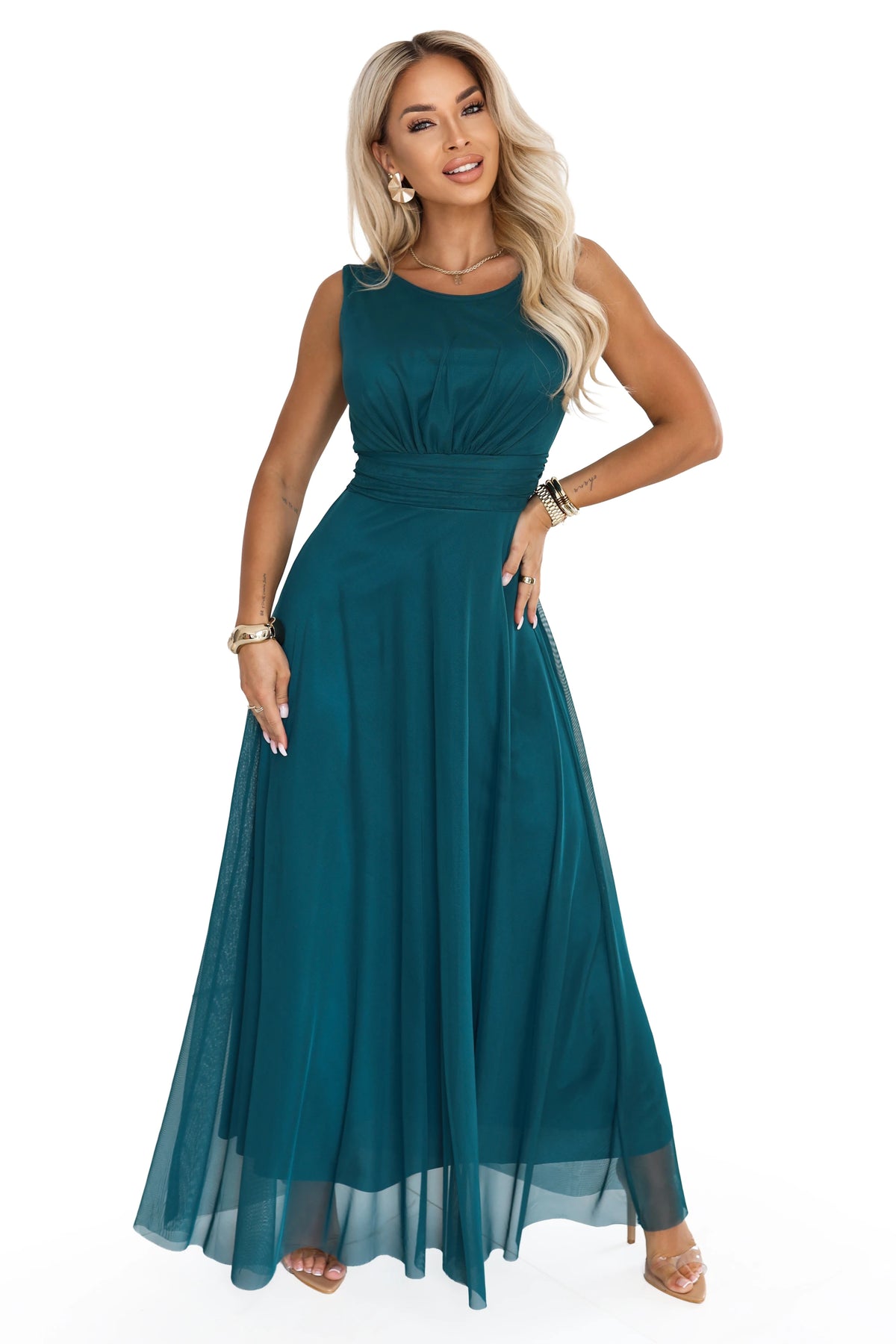 678-2 ELIRA Langes Tüll-Maxikleid mit rundem Ausschnitt - flaschengrün