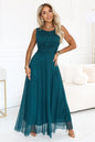 678-2 ELIRA Langes Tüll-Maxikleid mit rundem Ausschnitt - flaschengrün
