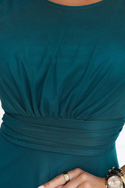 678-2 ELIRA Langes Tüll-Maxikleid mit rundem Ausschnitt - flaschengrün