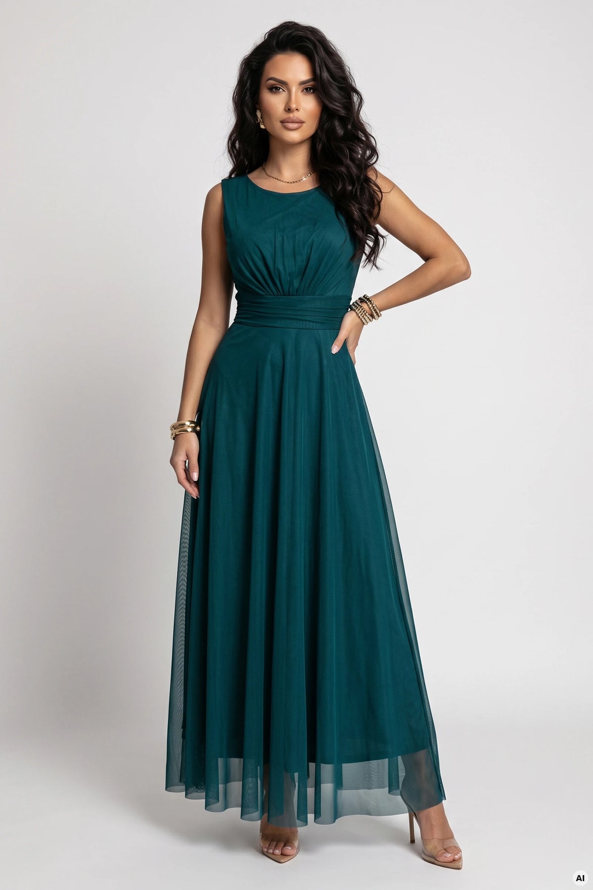 678-2 ELIRA Langes Tüll-Maxikleid mit rundem Ausschnitt - flaschengrün