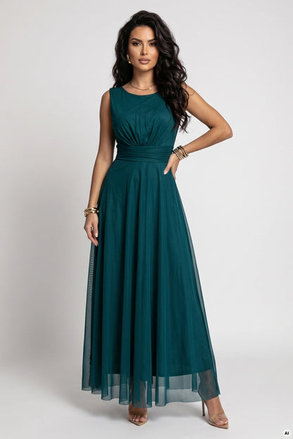 678-2 ELIRA Langes Tüll-Maxikleid mit rundem Ausschnitt - flaschengrün