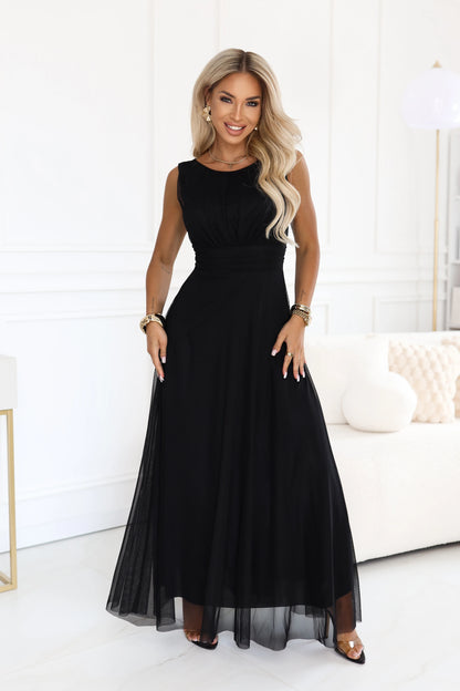 678-3 ELIRA Langes Tüll-Maxikleid mit rundem Ausschnitt