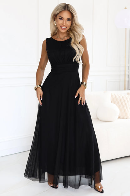 678-3 ELIRA Langes Tüll-Maxikleid mit rundem Ausschnitt