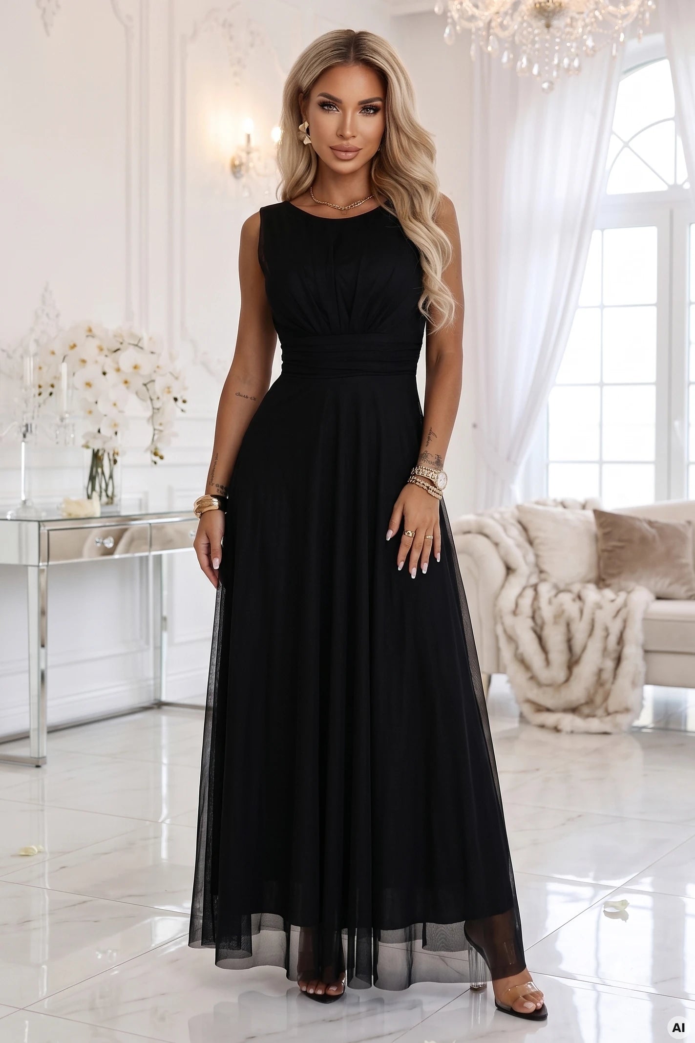 678-3 ELIRA Langes Tüll-Maxikleid mit rundem Ausschnitt