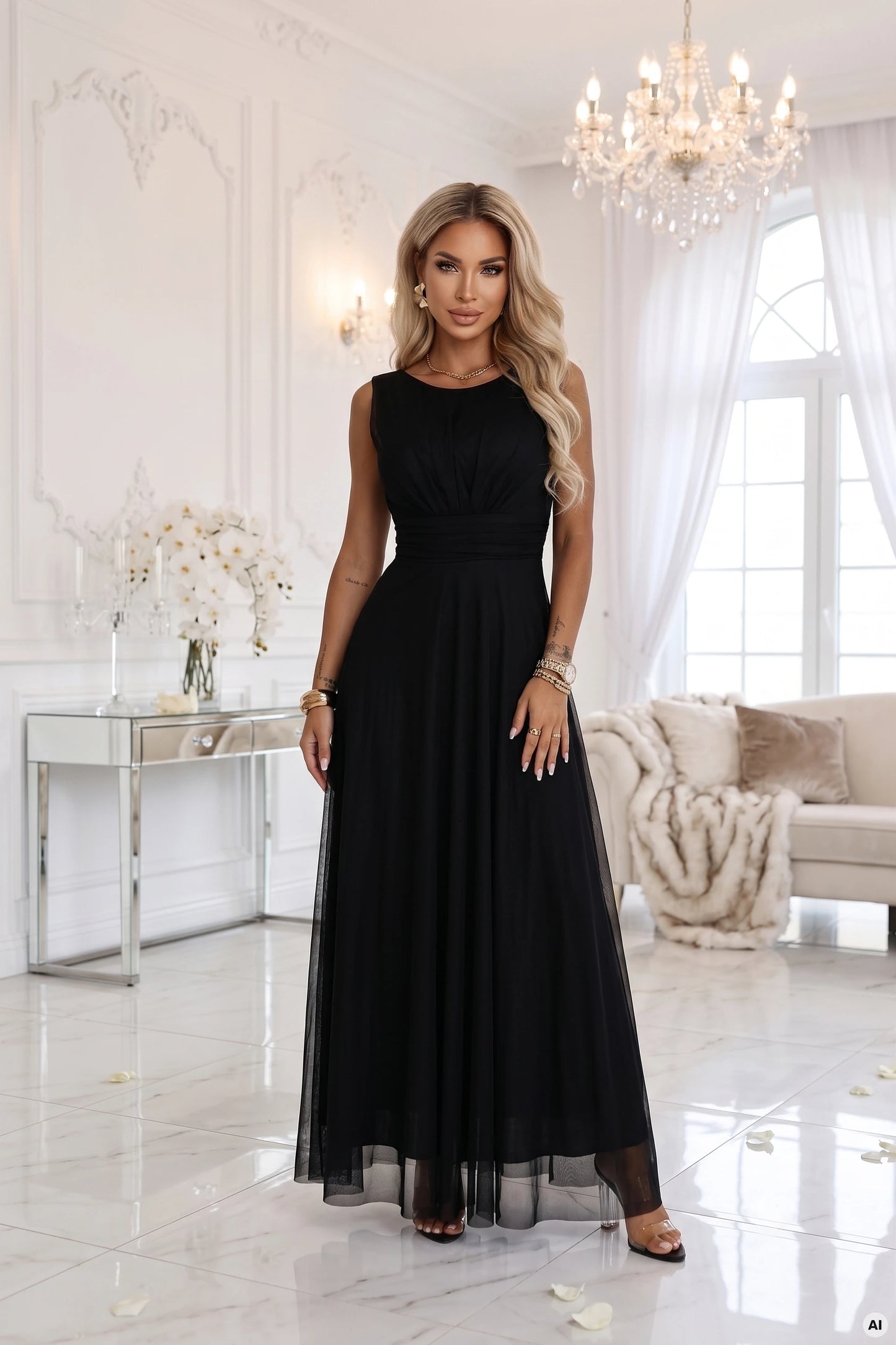 678-3 ELIRA Langes Tüll-Maxikleid mit rundem Ausschnitt