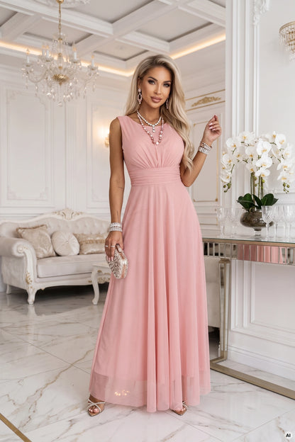 678-5 ELIRA Langes Tüll-Maxi-Kleid mit rundem Ausschnitt - Puderrosa