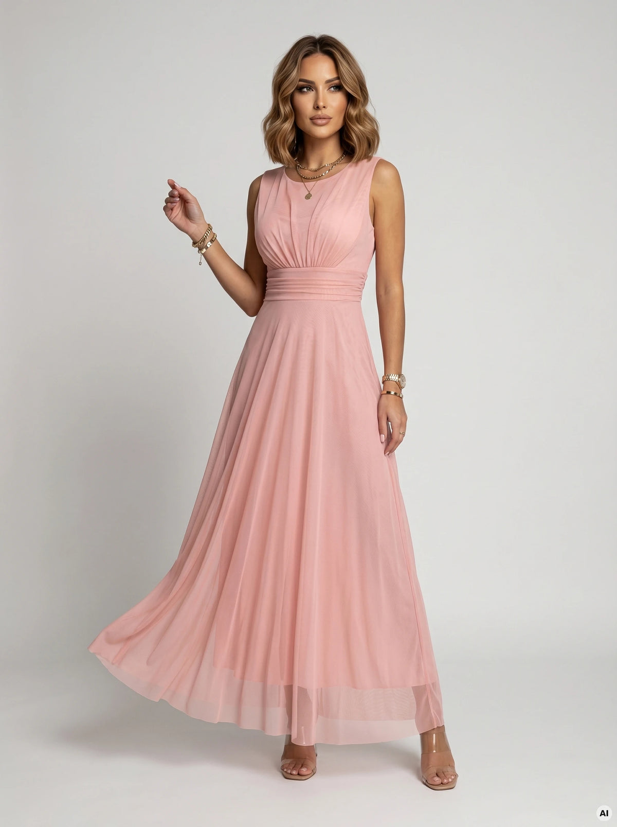 678-5 ELIRA Langes Tüll-Maxi-Kleid mit rundem Ausschnitt - Puderrosa