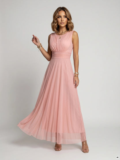 678-5 ELIRA Langes Tüll-Maxi-Kleid mit rundem Ausschnitt - Puderrosa