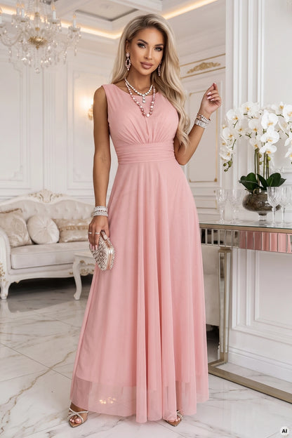 678-5 ELIRA Langes Tüll-Maxi-Kleid mit rundem Ausschnitt - Puderrosa