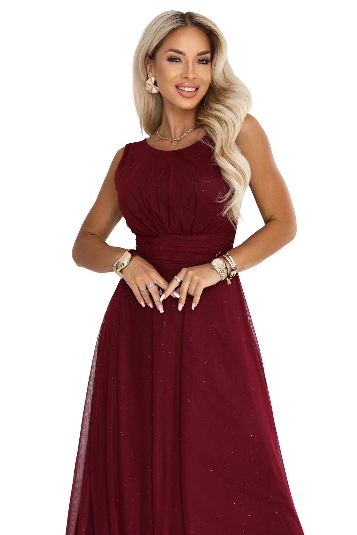 679-1 AVELINE Langes Maxikleid mit Glitzertüll und rundem Ausschnitt - bordeauxrot