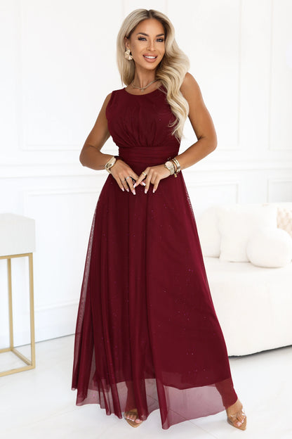 679-1 AVELINE Langes Maxikleid mit Glitzertüll und rundem Ausschnitt - bordeauxrot