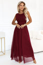 679-1 AVELINE Langes Maxikleid mit Glitzertüll und rundem Ausschnitt - bordeauxrot