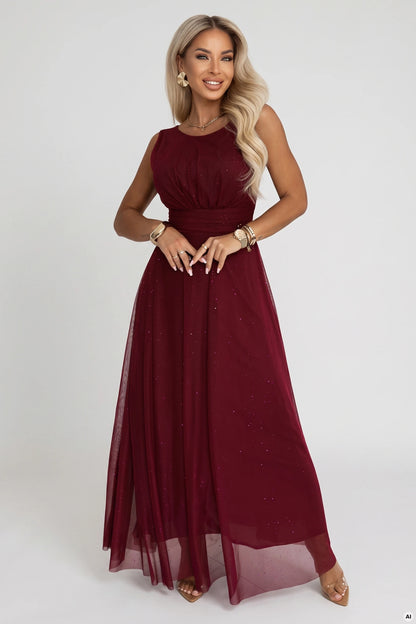 679-1 AVELINE Langes Maxikleid mit Glitzertüll und rundem Ausschnitt - bordeauxrot
