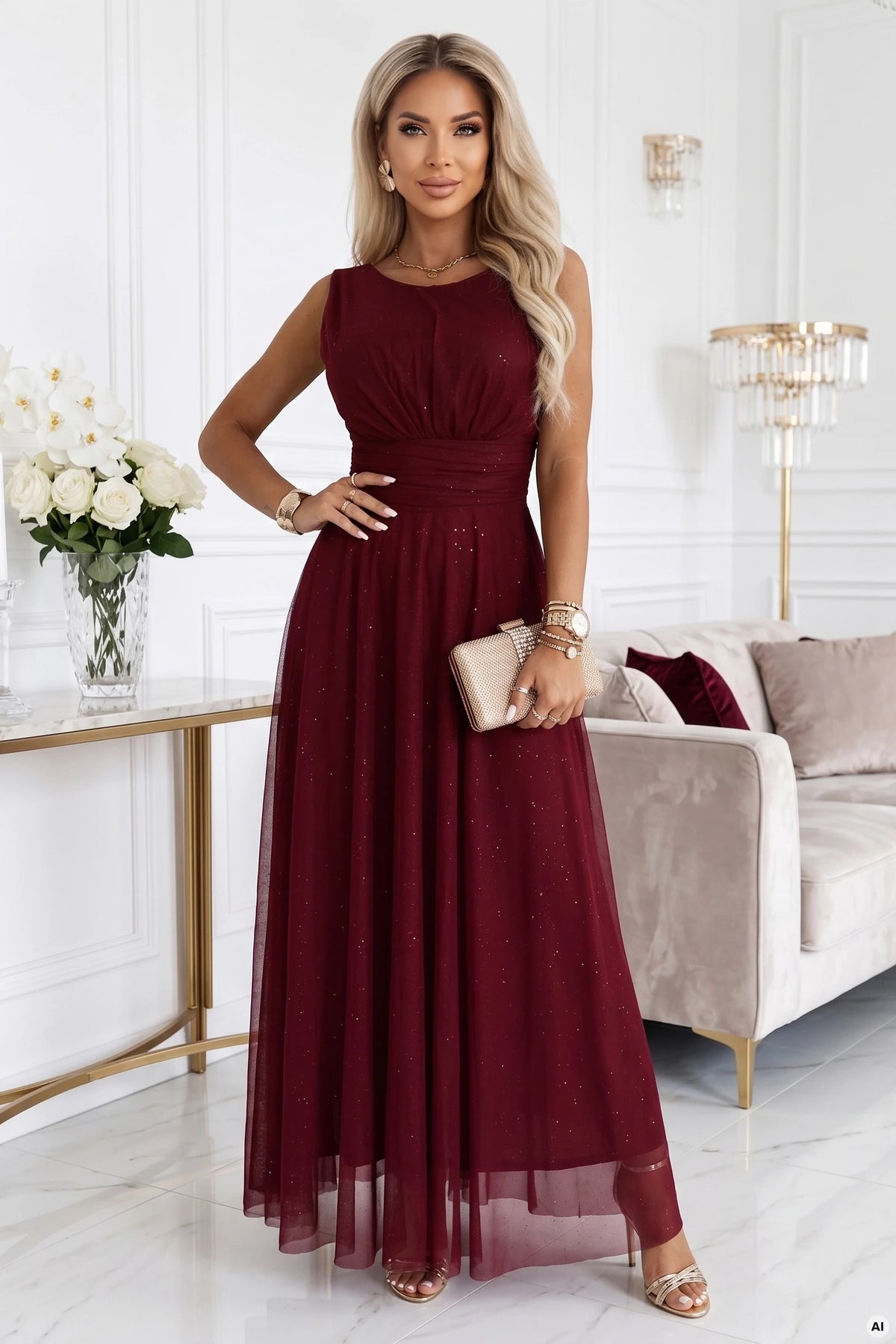 679-1 AVELINE Langes Maxikleid mit Glitzertüll und rundem Ausschnitt - bordeauxrot