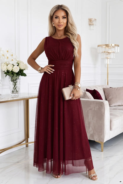 679-1 AVELINE Langes Maxikleid mit Glitzertüll und rundem Ausschnitt - bordeauxrot