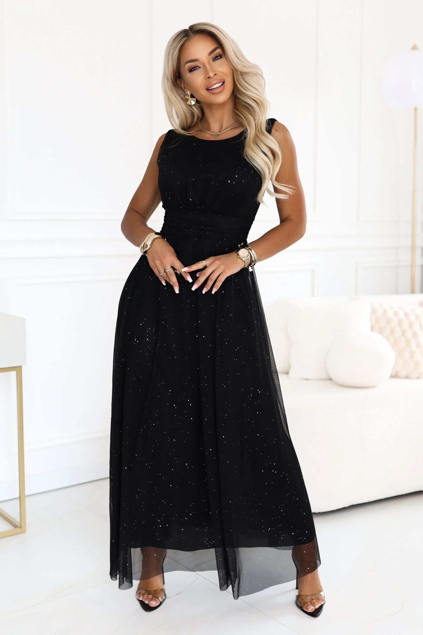 679-4 AVELINE Langes Maxikleid mit Glitzertüll und rundem Ausschnitt