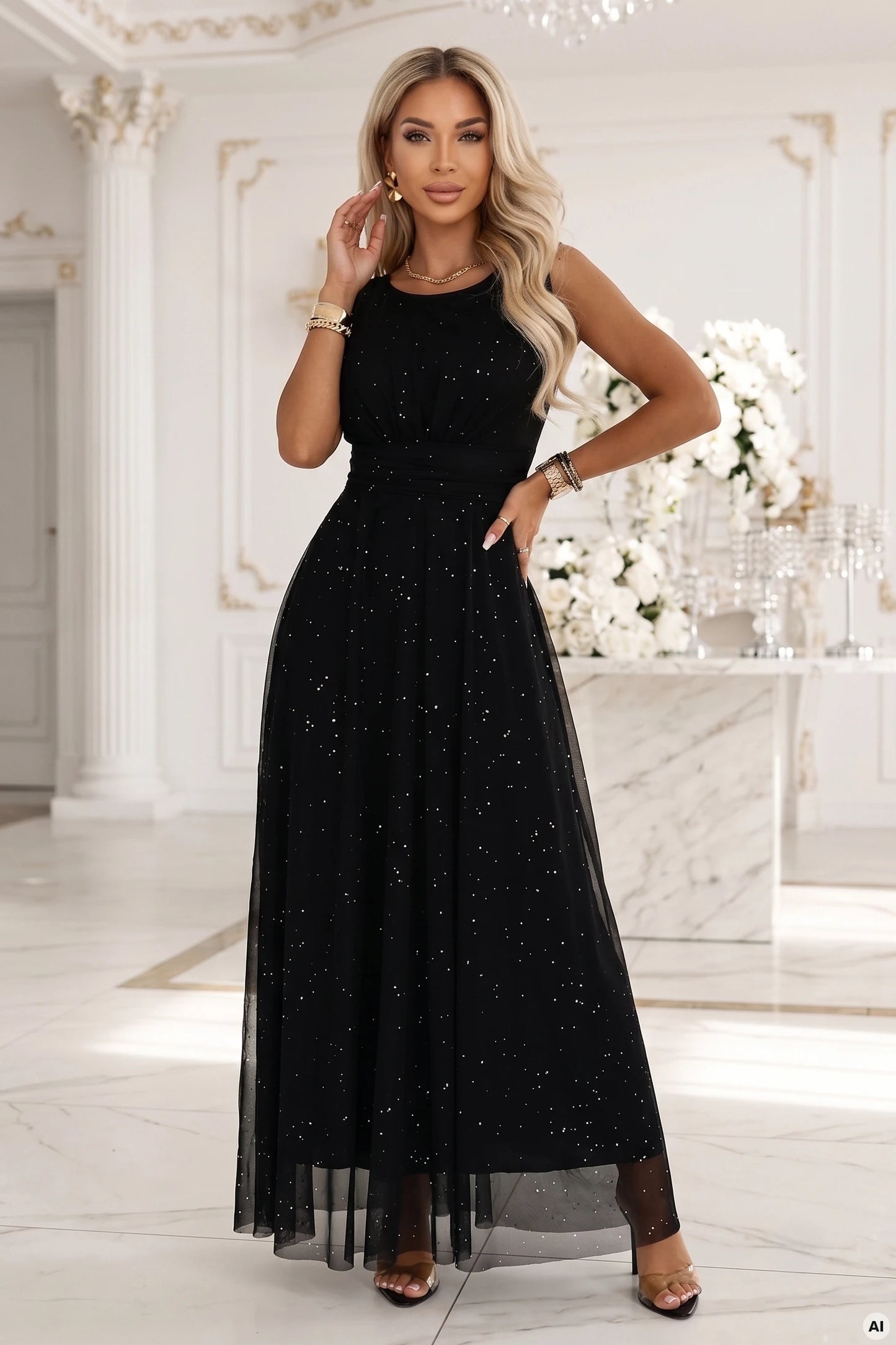 679-4 AVELINE Langes Maxikleid mit Glitzertüll und rundem Ausschnitt