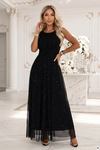 679-4 AVELINE Langes Maxikleid mit Glitzertüll und rundem Ausschnitt