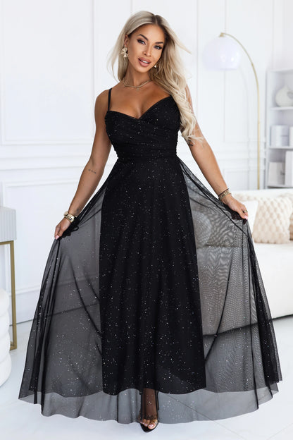 680-1 Glitzer-Maxikleid mit Trägern und Wickelausschnitt