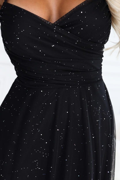 680-1 Glitzer-Maxikleid mit Trägern und Wickelausschnitt