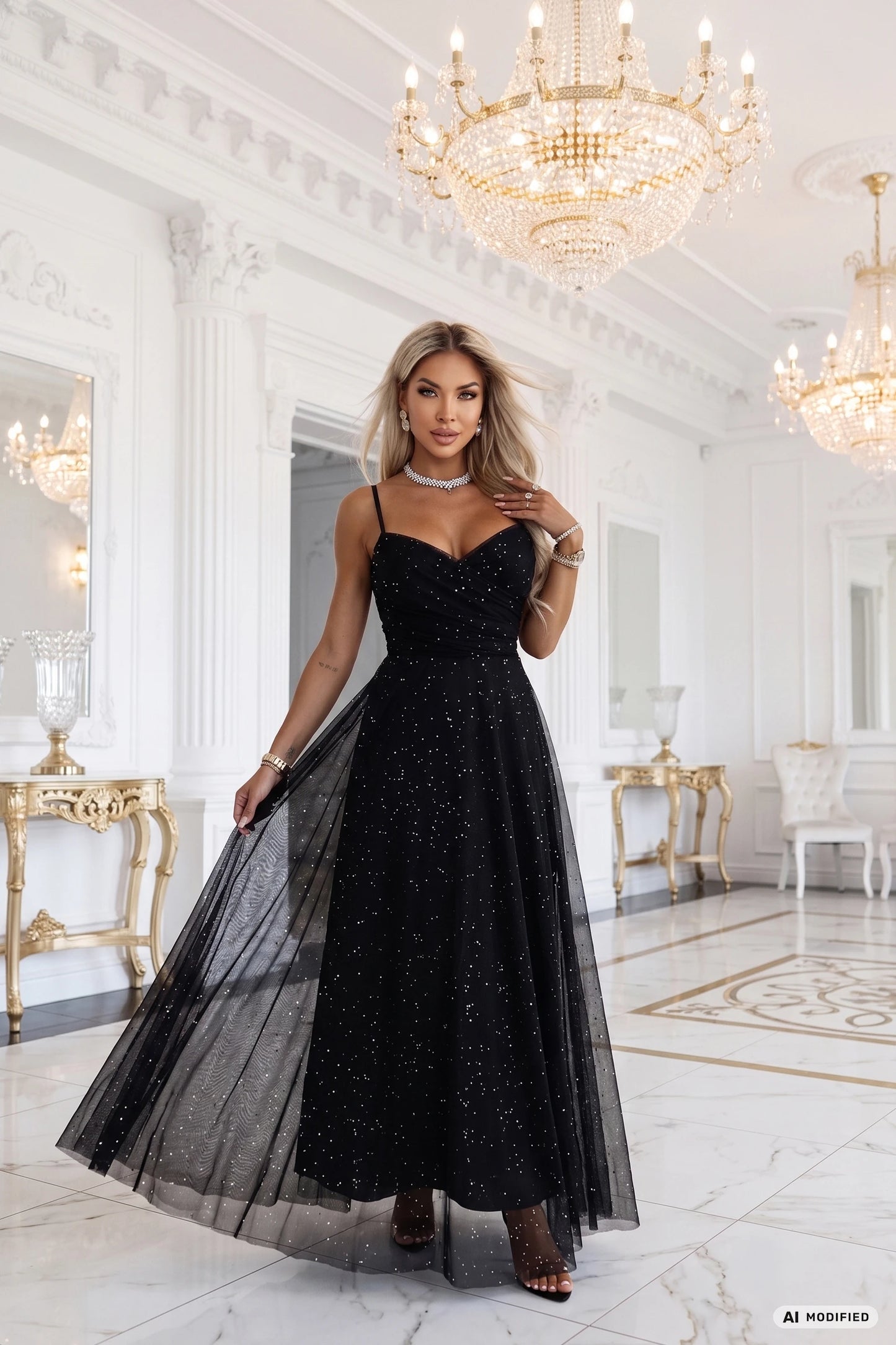 680-1 Glitzer-Maxikleid mit Trägern und Wickelausschnitt
