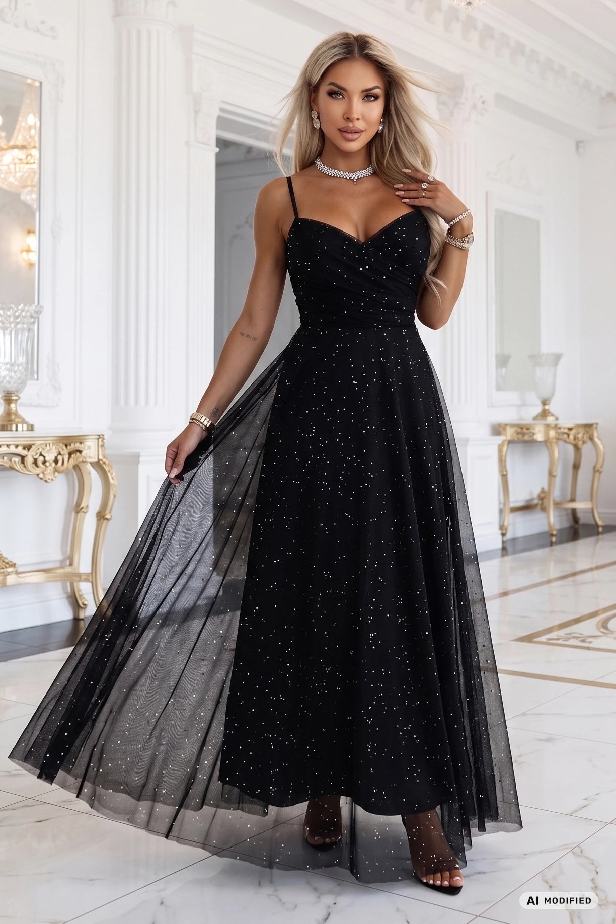 680-1 Glitzer-Maxikleid mit Trägern und Wickelausschnitt