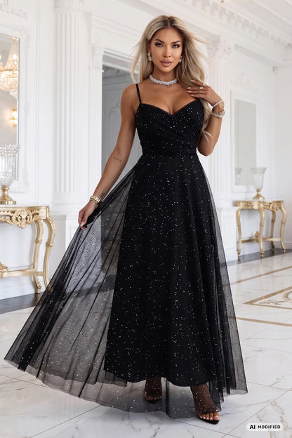 680-1 Glitzer-Maxikleid mit Trägern und Wickelausschnitt