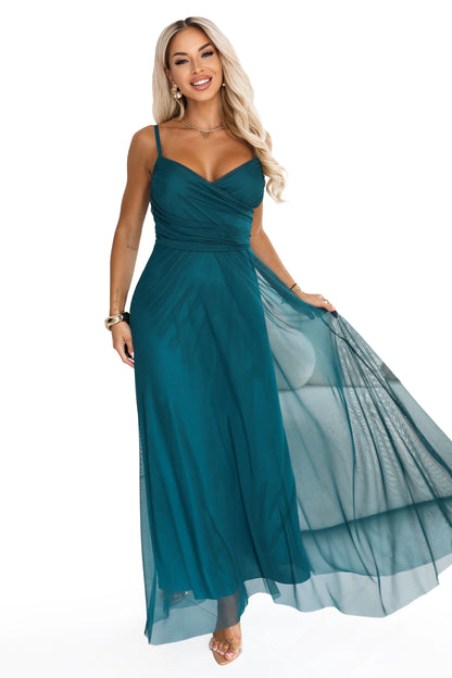 681-1 NILA Tüll-Maxikleid mit Trägern und Wickelausschnitt