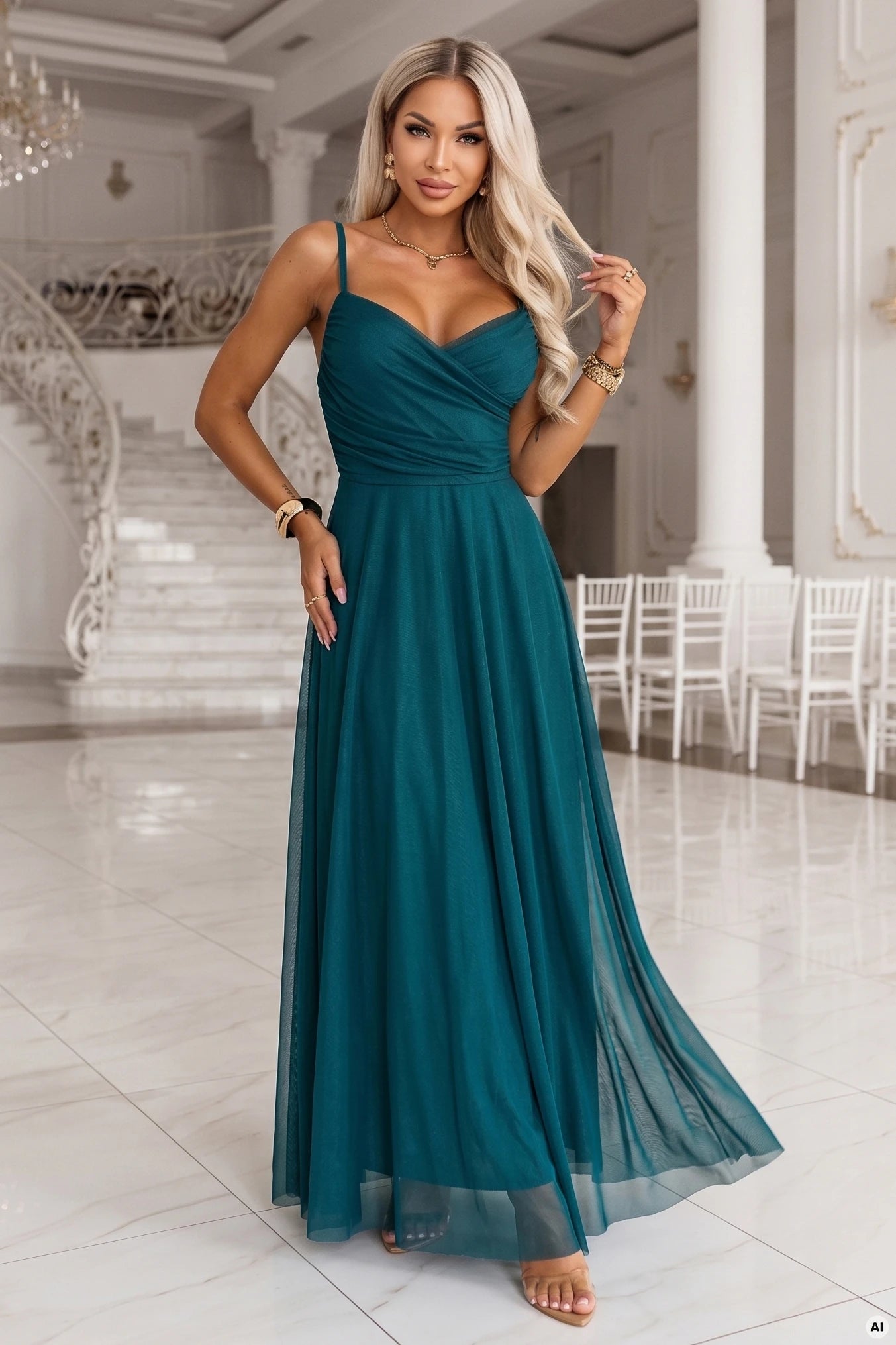 681-1 NILA Tüll-Maxikleid mit Trägern und Wickelausschnitt