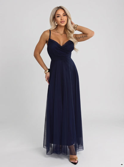 681-2 NILA Tüll-Maxi-Kleid auf Trägern mit Wickelausschnitt - Dunkelblau