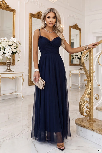 681-2 NILA Tüll-Maxi-Kleid auf Trägern mit Wickelausschnitt - Dunkelblau