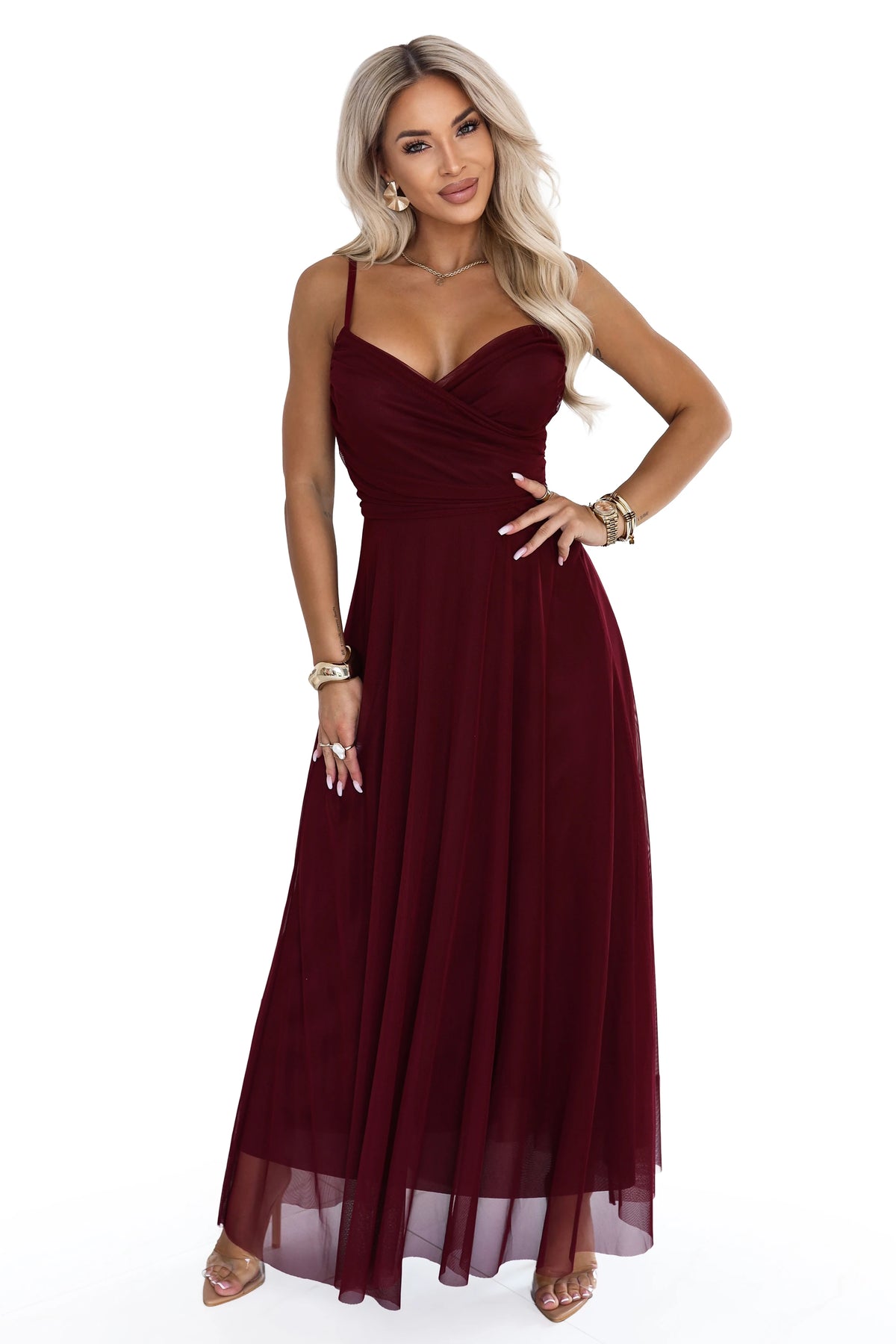 681-3 NILA Tüll-Maxi-Kleid auf Trägern mit Wickelausschnitt