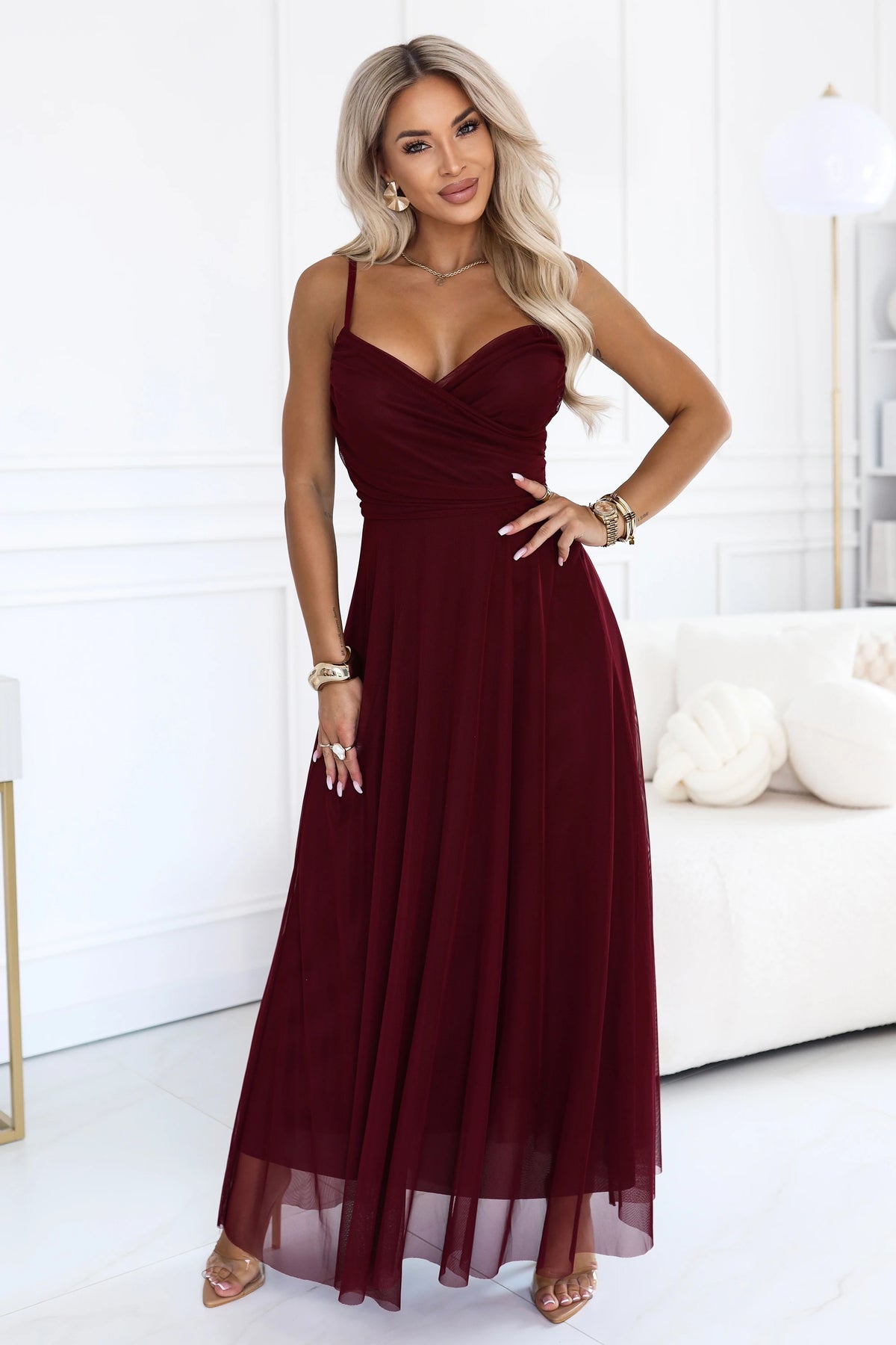 681-3 NILA Tüll-Maxi-Kleid auf Trägern mit Wickelausschnitt