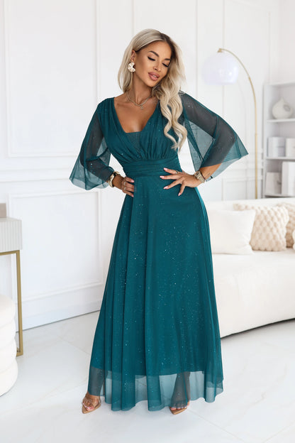 682-1 SOLENNE Langes schimmerndes Kleid mit Ausschnitt und Ärmel - meergrün