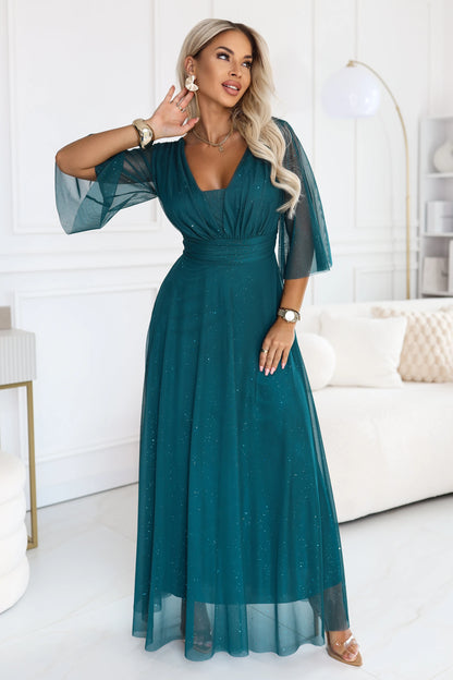 682-1 SOLENNE Langes schimmerndes Kleid mit Ausschnitt und Ärmel - meergrün