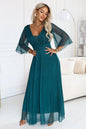 682-1 SOLENNE Langes schimmerndes Kleid mit Ausschnitt und Ärmel - meergrün