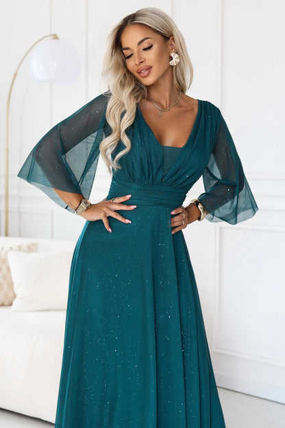 682-1 SOLENNE Langes schimmerndes Kleid mit Ausschnitt und Ärmel - meergrün