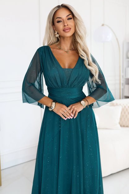 682-1 SOLENNE Langes schimmerndes Kleid mit Ausschnitt und Ärmel - meergrün