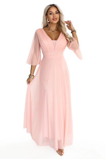 682-2 SOLENNE Langes schimmerndes Kleid mit Ausschnitt und Ärmel - pfirsichfarben