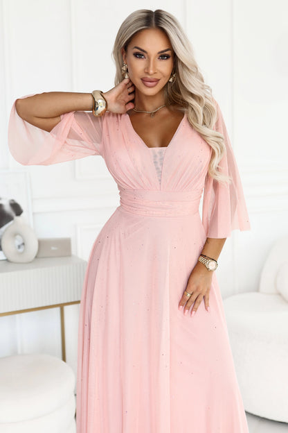 682-2 SOLENNE Langes schimmerndes Kleid mit Ausschnitt und Ärmel - pfirsichfarben