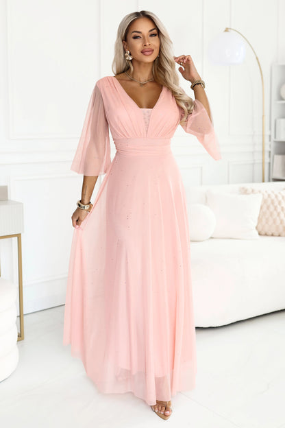 682-2 SOLENNE Langes schimmerndes Kleid mit Ausschnitt und Ärmel - pfirsichfarben