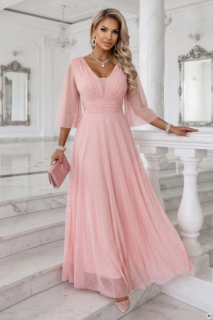 682-2 SOLENNE Langes schimmerndes Kleid mit Ausschnitt und Ärmel - pfirsichfarben