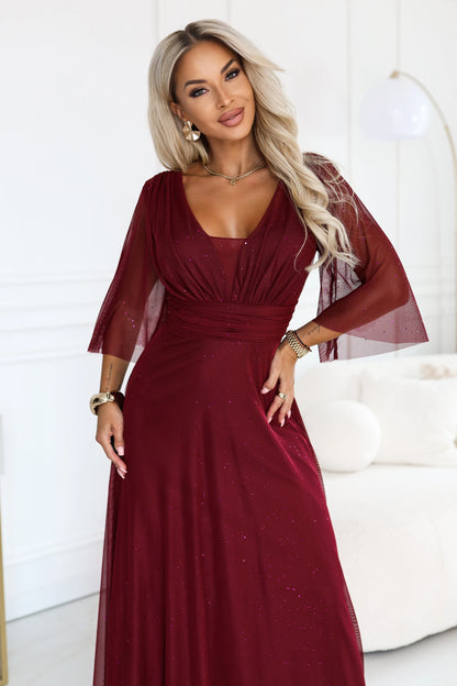 682-3 SOLENNE Langes schimmerndes Kleid mit Ausschnitt und Ärmel - dunkelbordeaux
