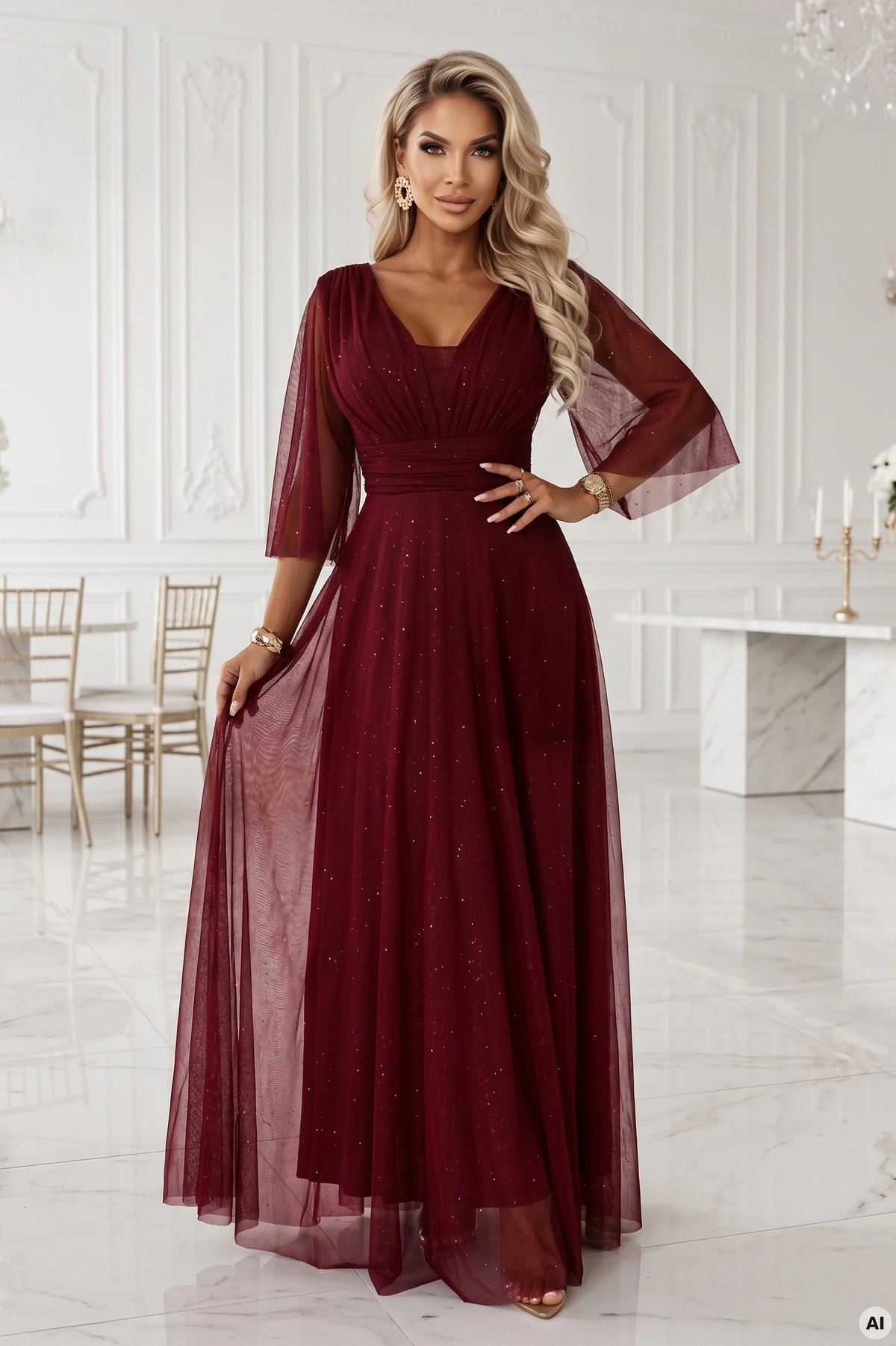 682-3 SOLENNE Langes schimmerndes Kleid mit Ausschnitt und Ärmel - dunkelbordeaux
