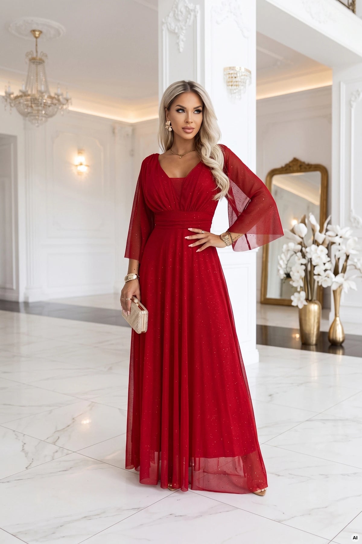 682-4 SOLENNE Langes schimmerndes Kleid mit Ausschnitt und Ärmel - hellbordeaux