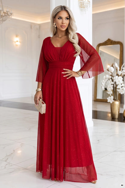 682-4 SOLENNE Langes schimmerndes Kleid mit Ausschnitt und Ärmel - hellbordeaux