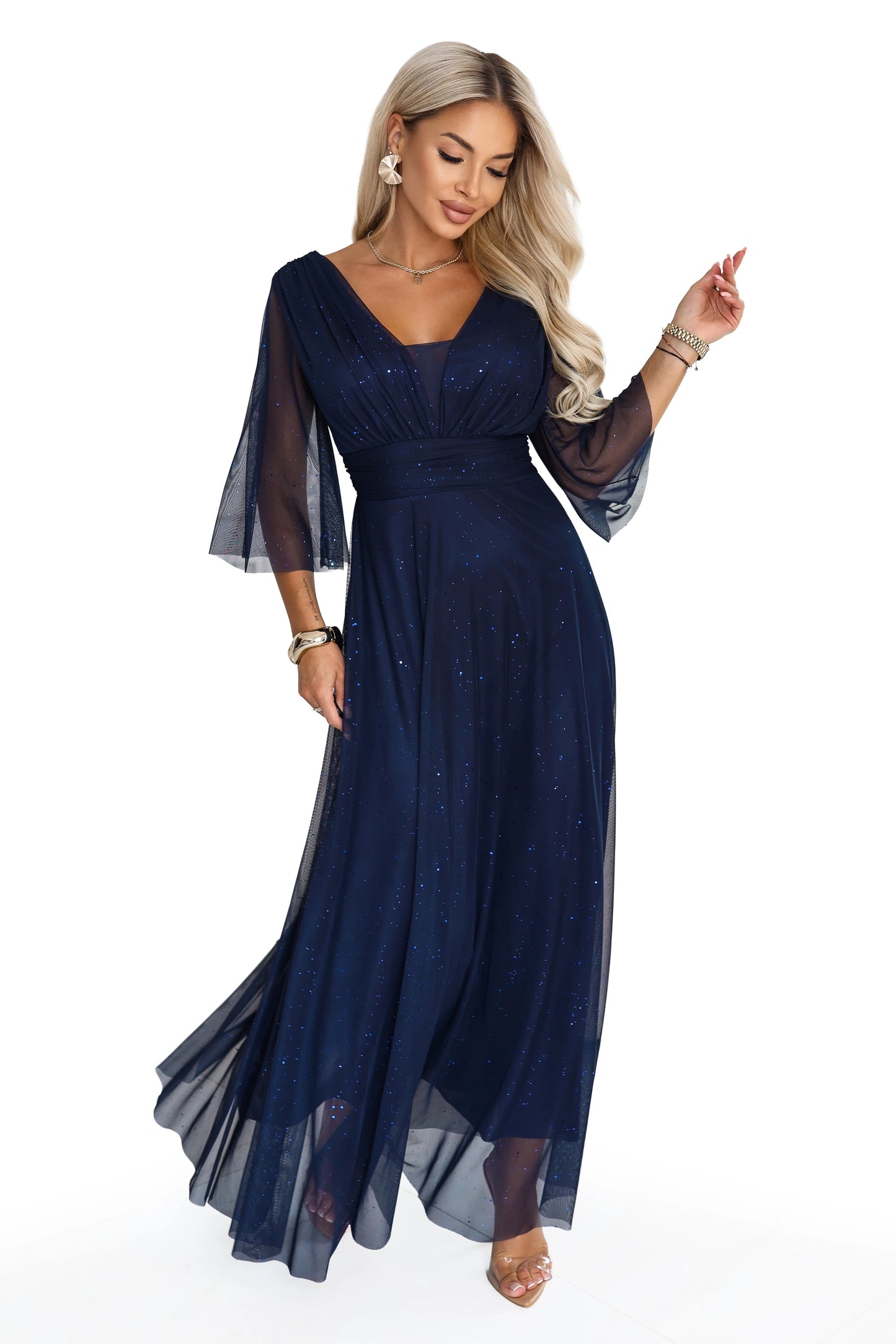 682-5 SOLENNE Langes schimmerndes Kleid mit Ausschnitt und Ärmel - marineblau