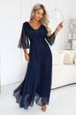 682-5 SOLENNE Langes schimmerndes Kleid mit Ausschnitt und Ärmel - marineblau