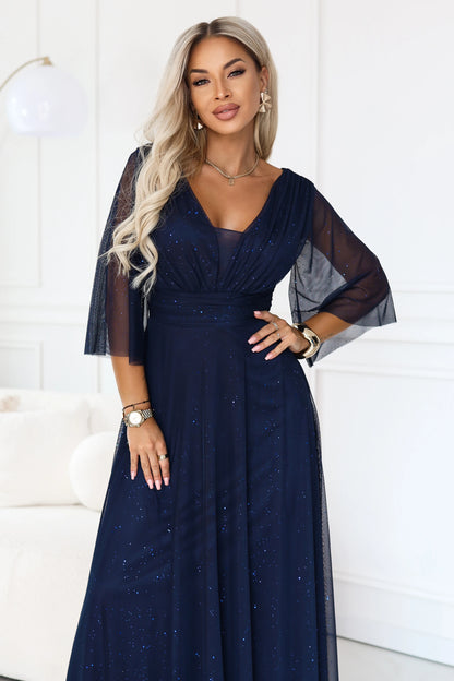 682-5 SOLENNE Langes schimmerndes Kleid mit Ausschnitt und Ärmel - marineblau