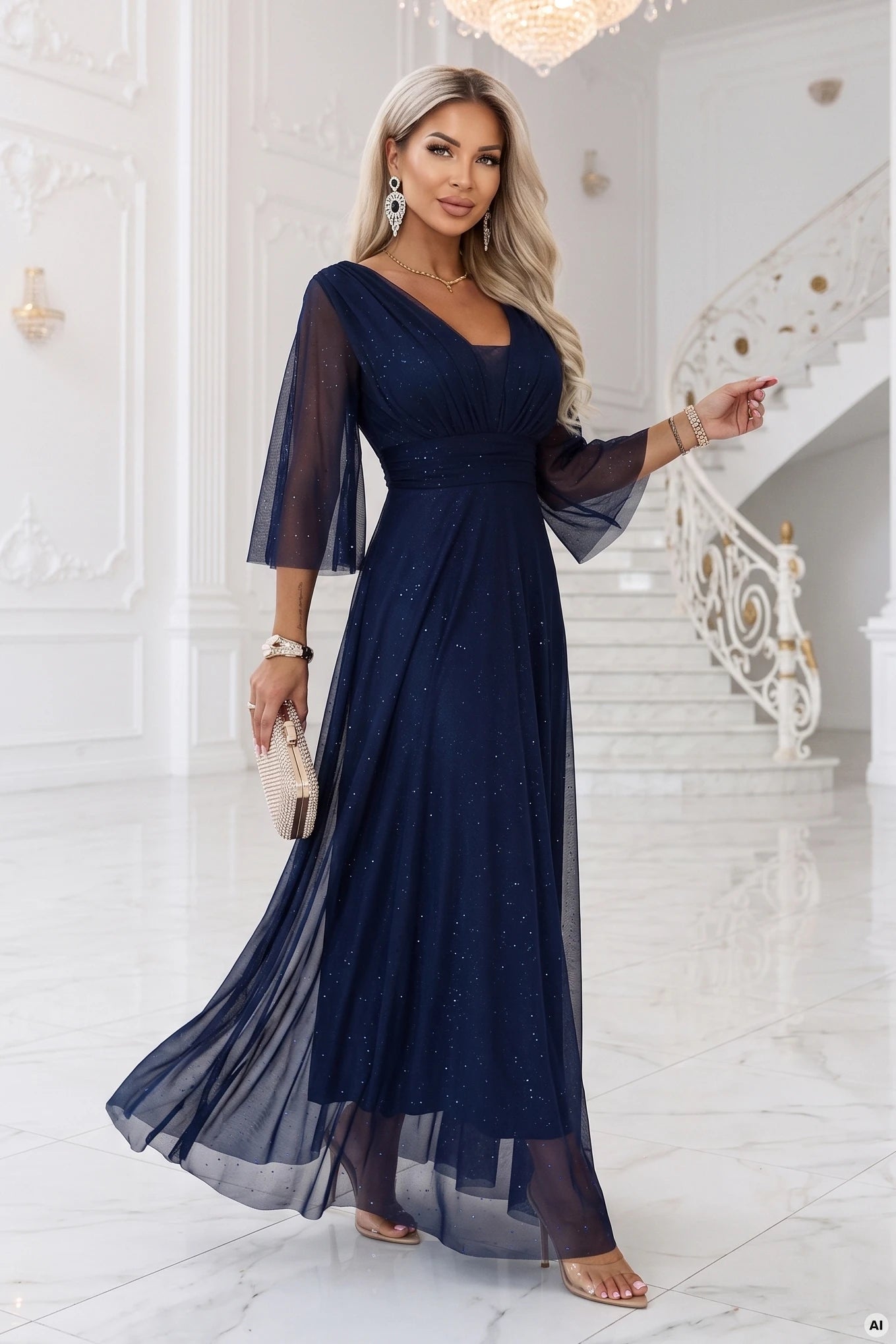 682-5 SOLENNE Langes schimmerndes Kleid mit Ausschnitt und Ärmel - marineblau